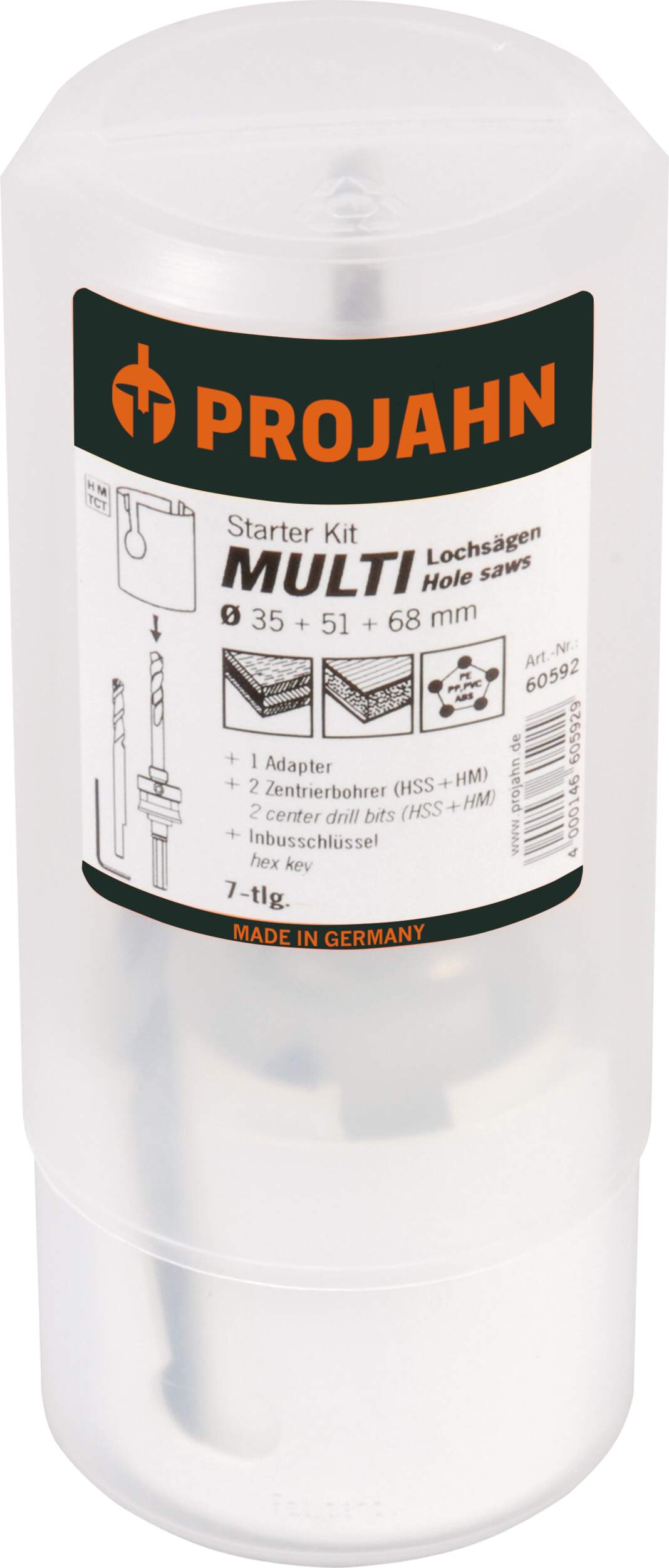 Starter Kit TCT 7-tlg im Blister bestehend aus den TCT-Lochsägen: 68, 51 und 35 1 x Adapter, 2 x Zentrierbohrer, 1 x Inbus
