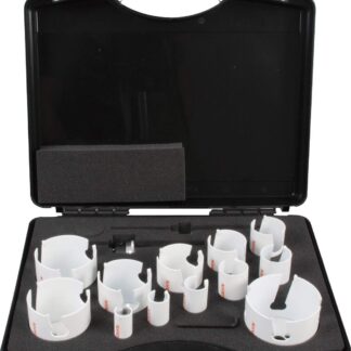 Koffer mit HM TCT Multilochsägen je 1 Stück: 19-22-25-32-35-40-44-51-57-64-68-76 mm inkl. 2 Adaptern, je 1 x HSS und TCT Zentrierbohrer sowie 1 x Winkelstiftschlüssel