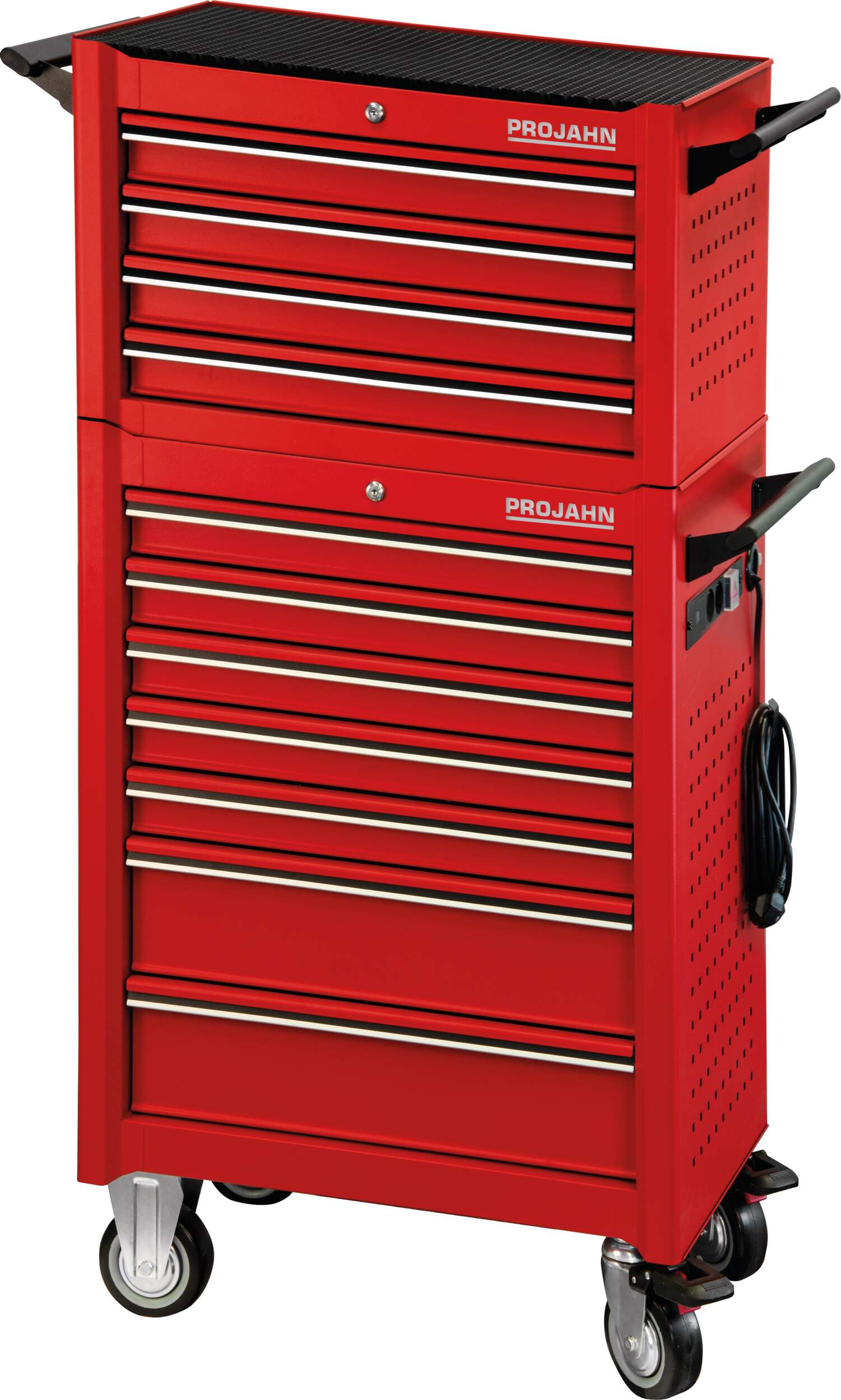 Werkstattwagen UNIVERSE + Werkstattwagenaufsatz UNIVERSE + E-Power + Dosenhalter + Papierrollenhalter Rot