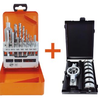 Kombination Gewindesätze 91013 (Einschnitt-Gewindebohrer Satz) + 91015 (Schneideisen Satz) in Metallkassetten
