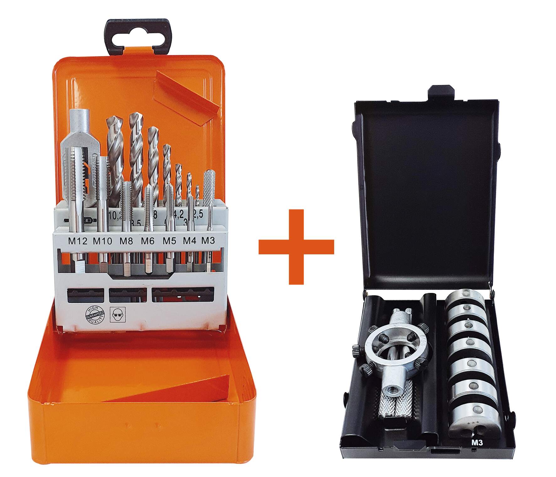 Kombination Gewindesätze 91013 (Einschnitt-Gewindebohrer Satz) + 91015 (Schneideisen Satz) in Metallkassetten