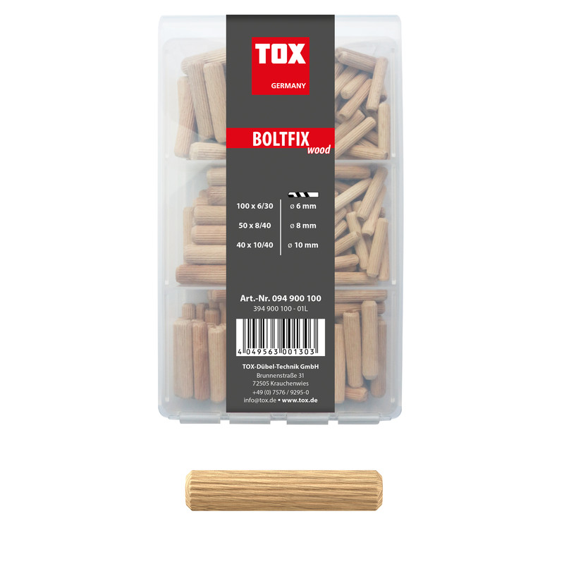 TOX Holzdübel Sortiment 190 tlg. Boltfix wood 100x 6x30 mm, 50x 8x40 mm, 40x 10x40 mm, Riffeldübel aus massiver Buche